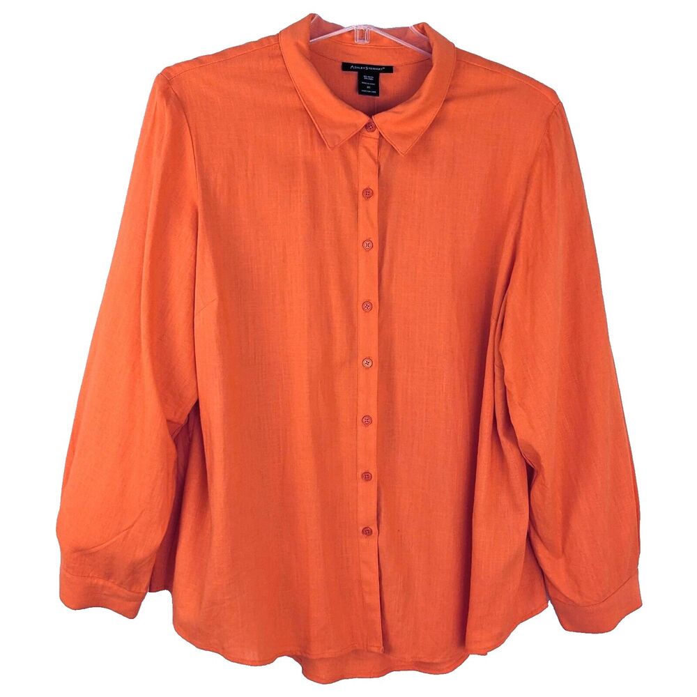 Ashley Stewart Orange Linen Rayon Button Front Size 20 Long Sleeve Shirt